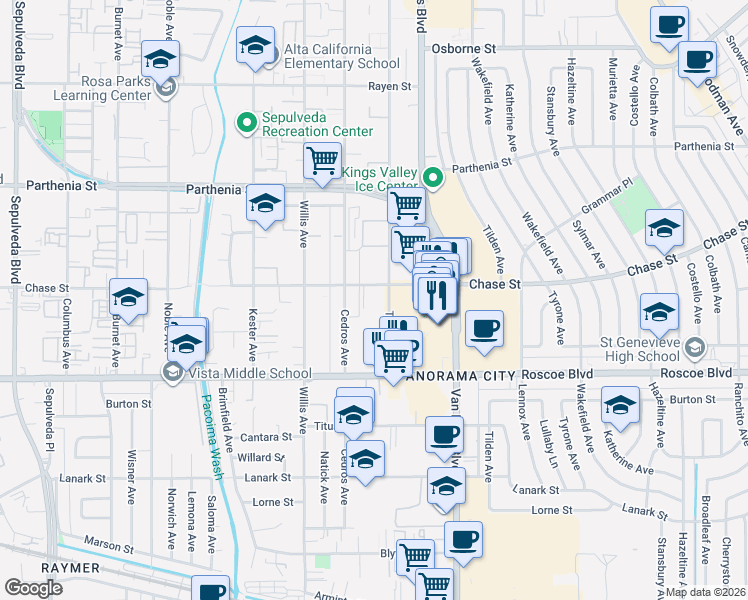 map of restaurants, bars, coffee shops, grocery stores, and more near 8427 Tobias Avenue in Los Angeles
