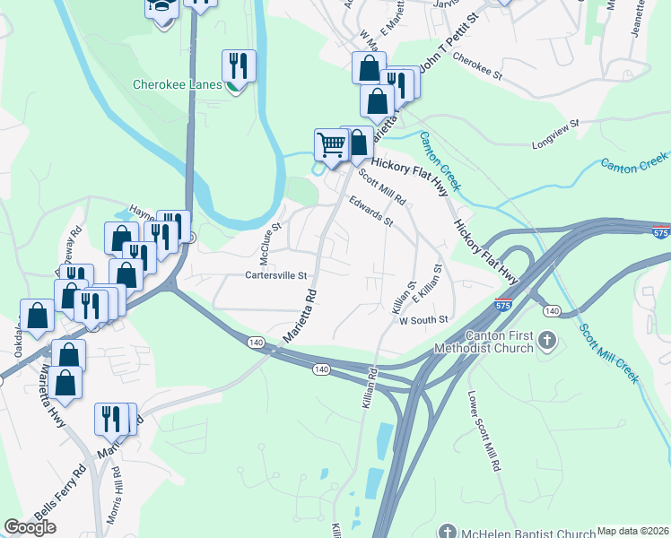 map of restaurants, bars, coffee shops, grocery stores, and more near 105 Copper Mine Lane in Canton