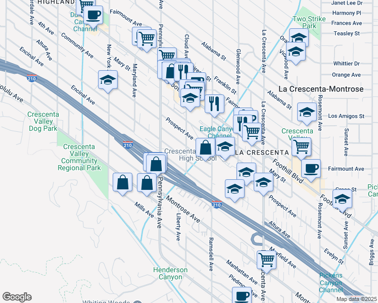 map of restaurants, bars, coffee shops, grocery stores, and more near 4308 Cloud Avenue in La Crescenta-Montrose