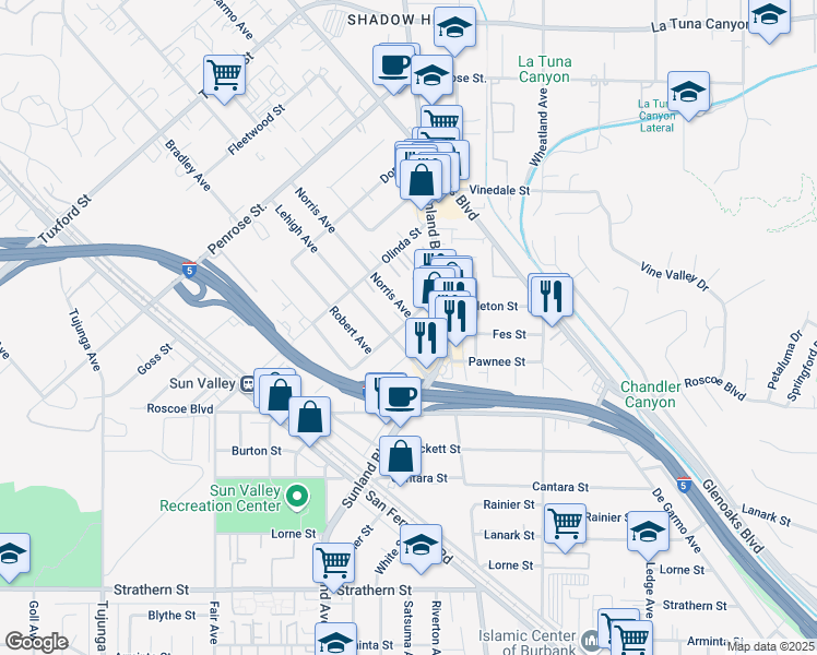 map of restaurants, bars, coffee shops, grocery stores, and more near 8430 Norris Avenue in Los Angeles