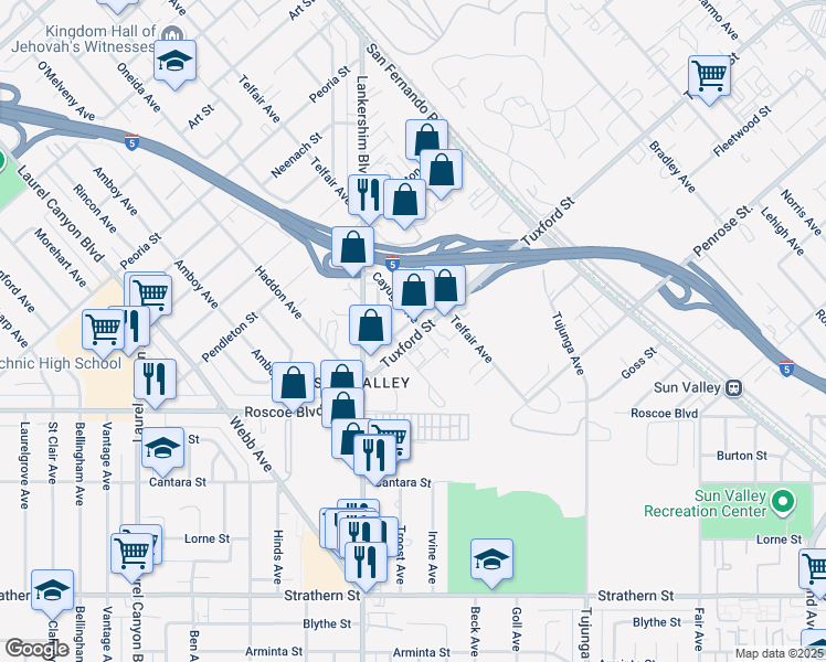 map of restaurants, bars, coffee shops, grocery stores, and more near 11637 Tuxford Street in Los Angeles