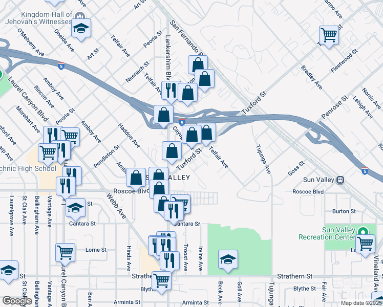 map of restaurants, bars, coffee shops, grocery stores, and more near 11637 Tuxford Street in Los Angeles