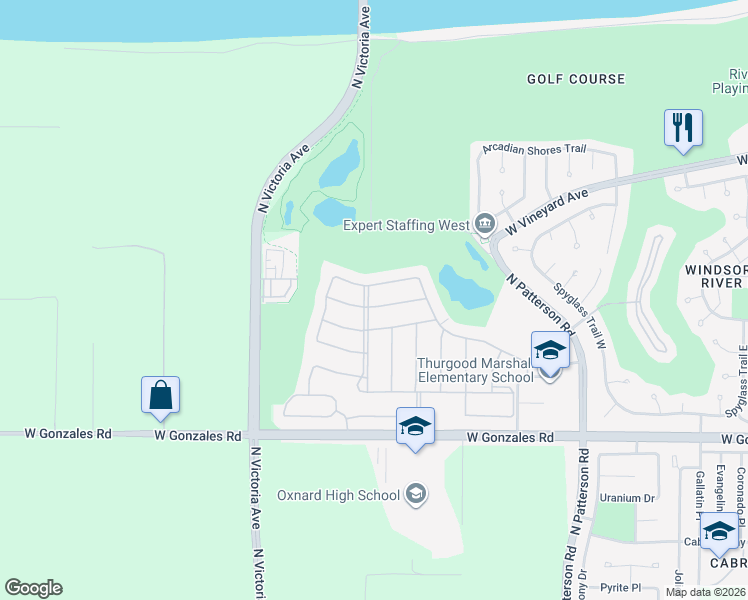 map of restaurants, bars, coffee shops, grocery stores, and more near 3527 Fairmont Lane in Oxnard