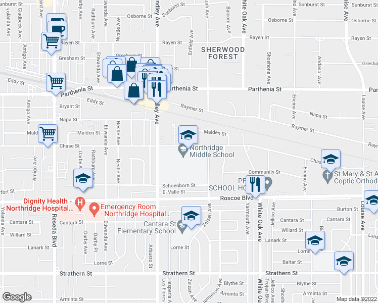map of restaurants, bars, coffee shops, grocery stores, and more near 17948 Chase Street in Los Angeles