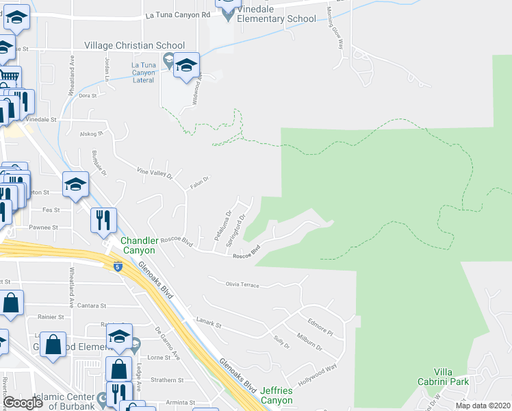 map of restaurants, bars, coffee shops, grocery stores, and more near 8508 Springford Drive in Los Angeles