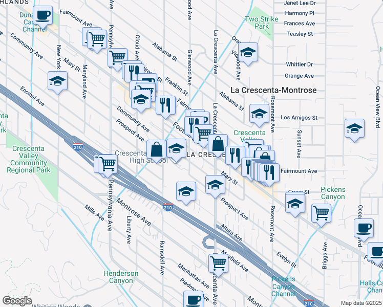 map of restaurants, bars, coffee shops, grocery stores, and more near 4444 Glenwood Avenue in La Crescenta-Montrose