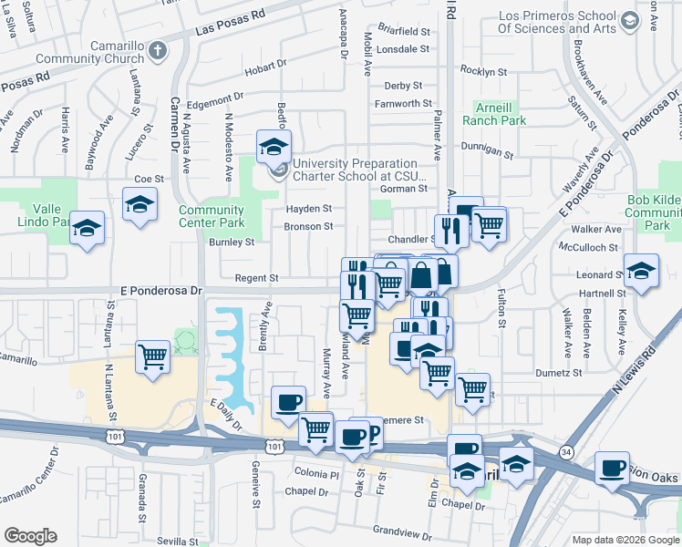 map of restaurants, bars, coffee shops, grocery stores, and more near 743 Rowland Avenue in Camarillo