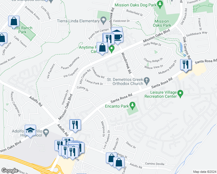 map of restaurants, bars, coffee shops, grocery stores, and more near 5166 Laurel Park Drive in Camarillo