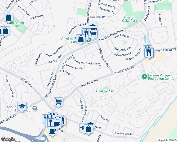 map of restaurants, bars, coffee shops, grocery stores, and more near 5190 Laurel Park Drive in Camarillo