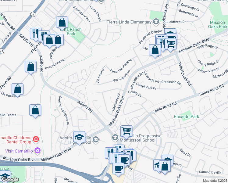 map of restaurants, bars, coffee shops, grocery stores, and more near 4878 Colony Drive in Camarillo