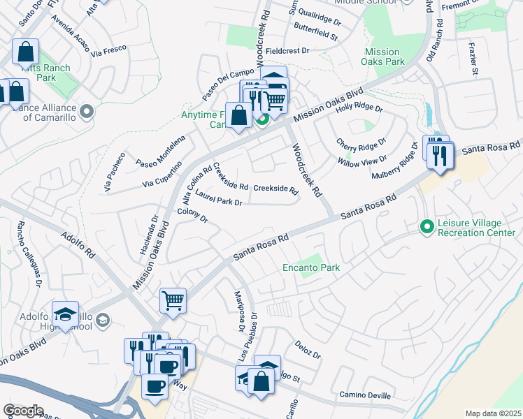 map of restaurants, bars, coffee shops, grocery stores, and more near 5190 Laurel Park Drive in Camarillo