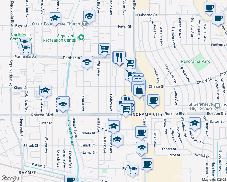 map of restaurants, bars, coffee shops, grocery stores, and more near 8430 Cedros Avenue in Panorama City