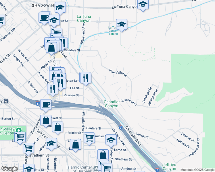 map of restaurants, bars, coffee shops, grocery stores, and more near 8547 Outland View Drive in Los Angeles