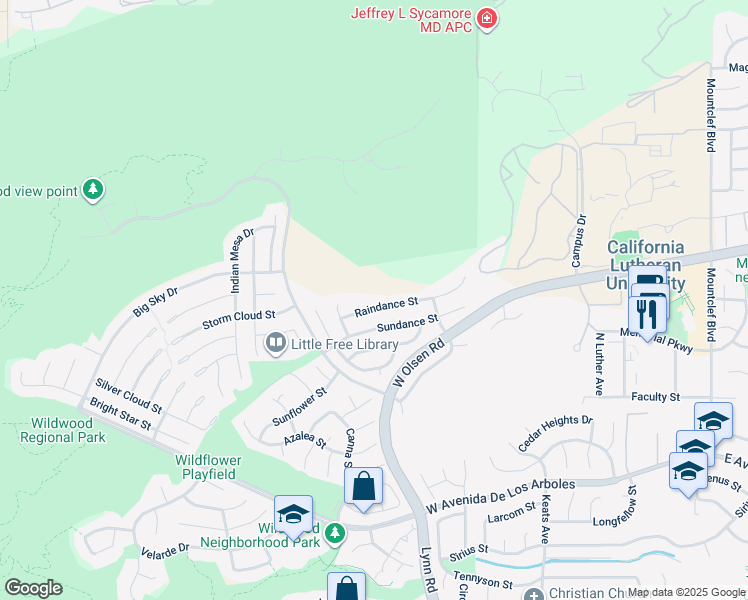 map of restaurants, bars, coffee shops, grocery stores, and more near 485 Raindance Street in Thousand Oaks