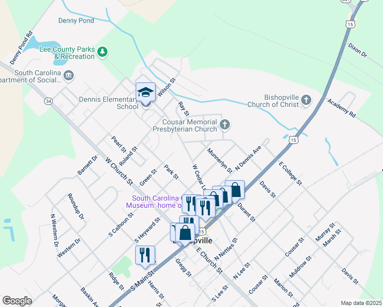 map of restaurants, bars, coffee shops, grocery stores, and more near 410 West Cedar Lane in Bishopville