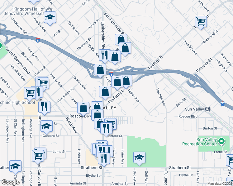 map of restaurants, bars, coffee shops, grocery stores, and more near 11635 Tuxford Street in Los Angeles