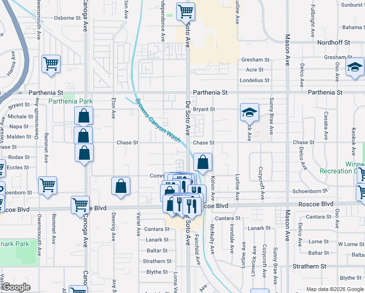 map of restaurants, bars, coffee shops, grocery stores, and more near 8453 De Soto Avenue in Los Angeles