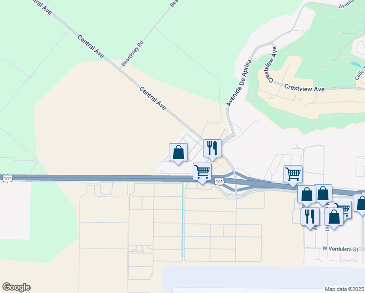 map of restaurants, bars, coffee shops, grocery stores, and more near 4388 Central Avenue in Camarillo