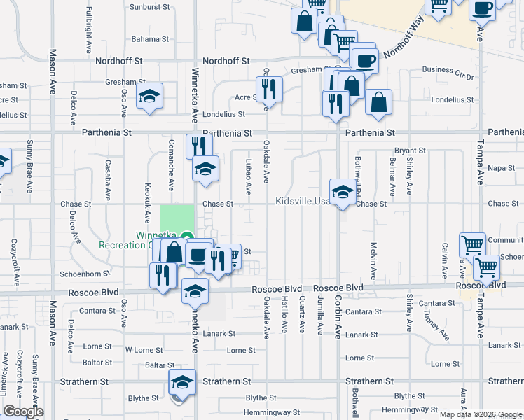 map of restaurants, bars, coffee shops, grocery stores, and more near 19928 Chase Street in Los Angeles