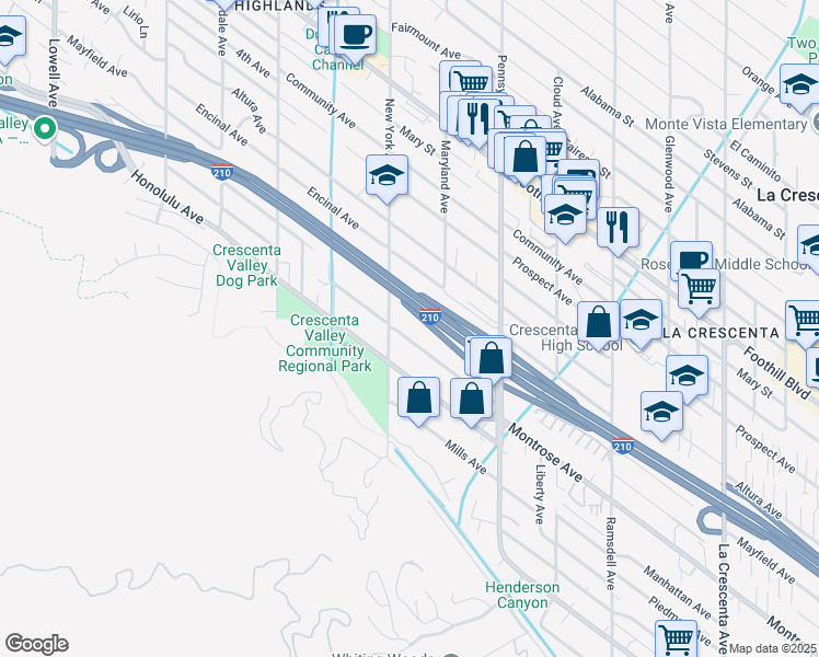 map of restaurants, bars, coffee shops, grocery stores, and more near 3350 Montrose Avenue in Glendale