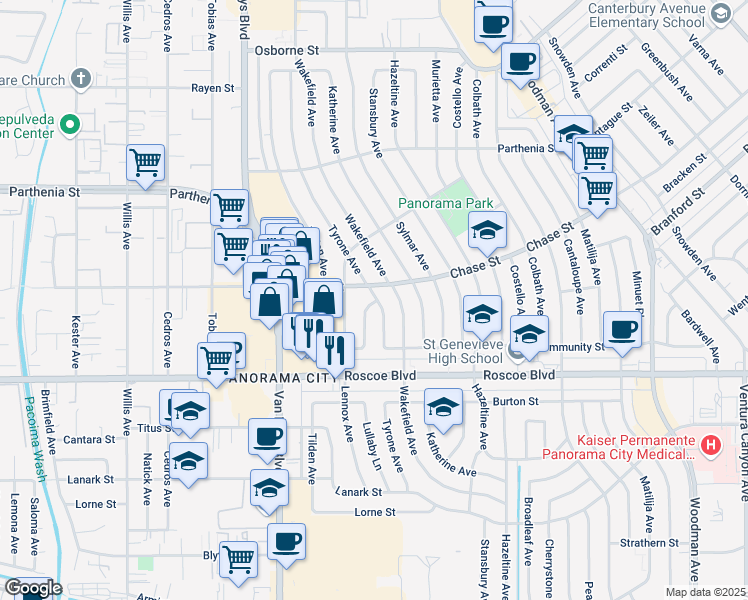 map of restaurants, bars, coffee shops, grocery stores, and more near 8426 Lullaby Lane in Los Angeles