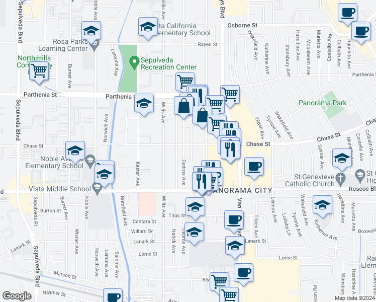 map of restaurants, bars, coffee shops, grocery stores, and more near 8406 Cedros Avenue in Los Angeles