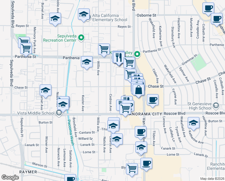 map of restaurants, bars, coffee shops, grocery stores, and more near 8406 Cedros Avenue in Los Angeles