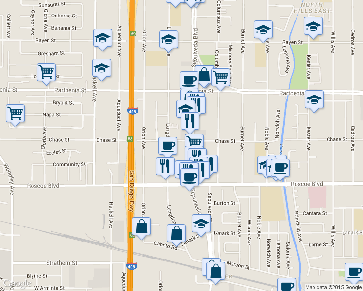 map of restaurants, bars, coffee shops, grocery stores, and more near 8441 Sepulveda Boulevard in Los Angeles