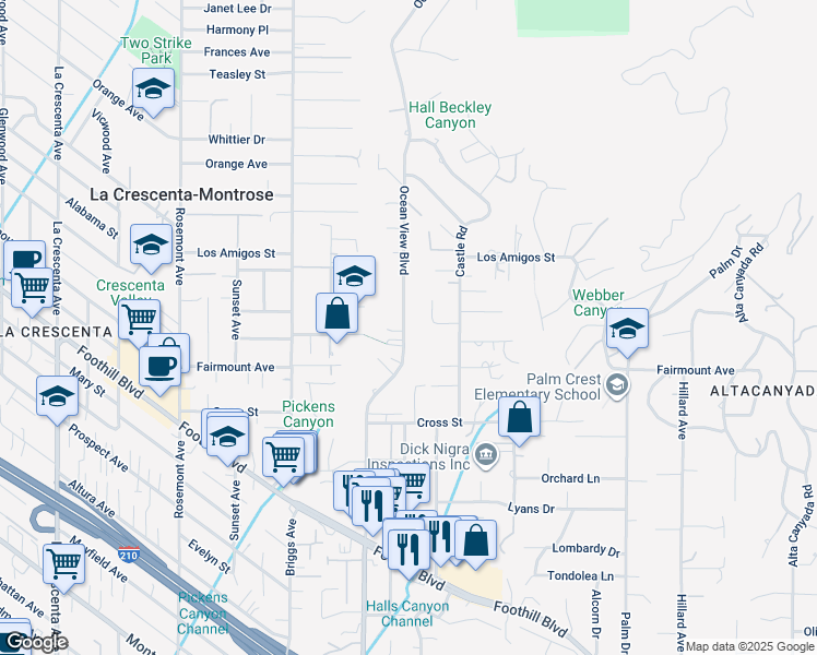 map of restaurants, bars, coffee shops, grocery stores, and more near 4940 Ocean View Boulevard in La Cañada Flintridge