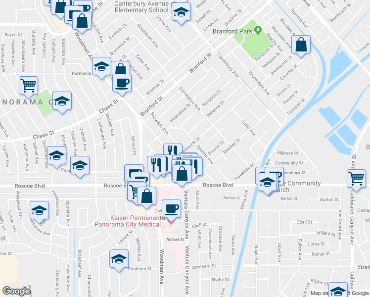 map of restaurants, bars, coffee shops, grocery stores, and more near 13621 Wentworth Street in Los Angeles