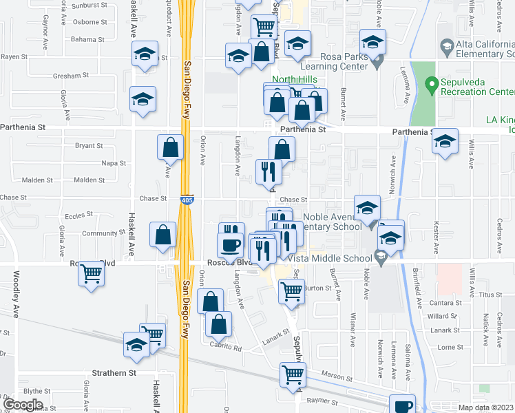 map of restaurants, bars, coffee shops, grocery stores, and more near 15424 Chase St in North Hills