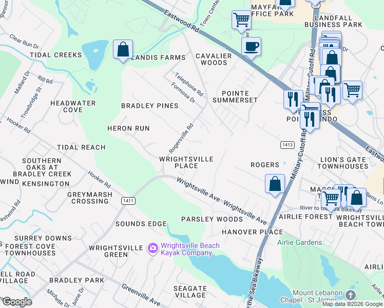 map of restaurants, bars, coffee shops, grocery stores, and more near 6211 Wrightsville Avenue in Wilmington