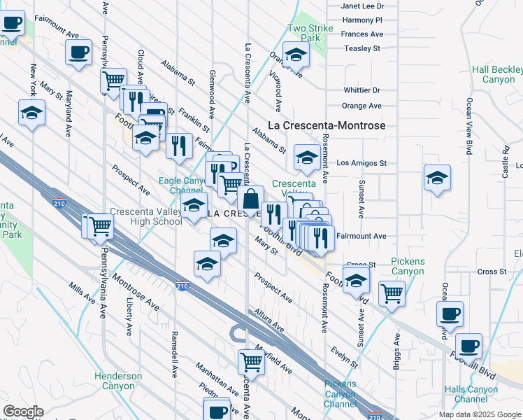 map of restaurants, bars, coffee shops, grocery stores, and more near 2751 Foothill Boulevard in La Crescenta-Montrose