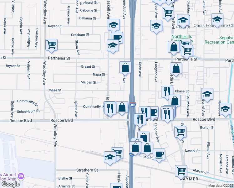 map of restaurants, bars, coffee shops, grocery stores, and more near 15724 Chase Street in Los Angeles