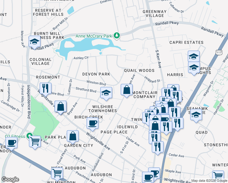 map of restaurants, bars, coffee shops, grocery stores, and more near 717 Devon Court in Wilmington