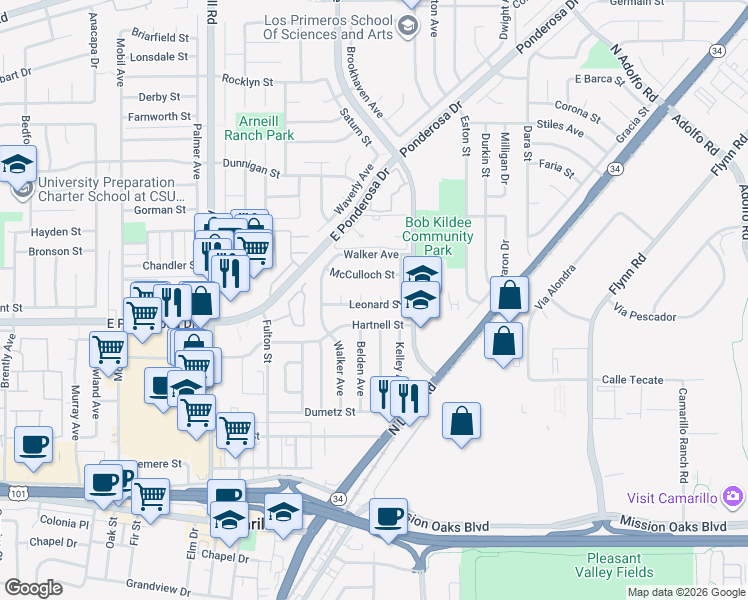 map of restaurants, bars, coffee shops, grocery stores, and more near 590 Leonard Street in Camarillo
