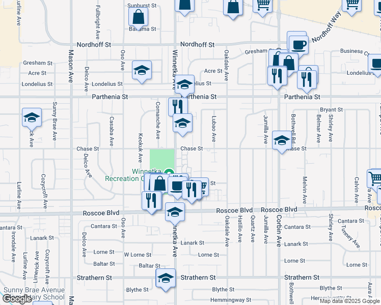 map of restaurants, bars, coffee shops, grocery stores, and more near 8470 Winnetka Avenue in Los Angeles