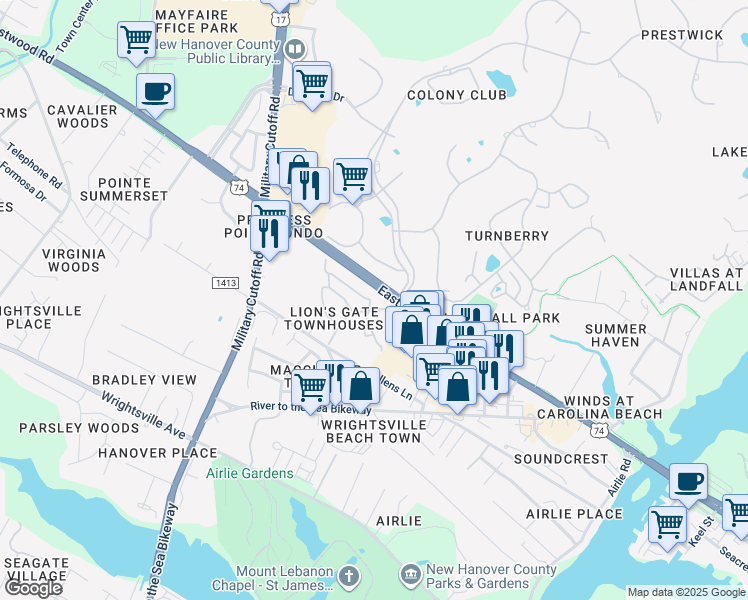 map of restaurants, bars, coffee shops, grocery stores, and more near 1800 Eastwood Road in Wilmington