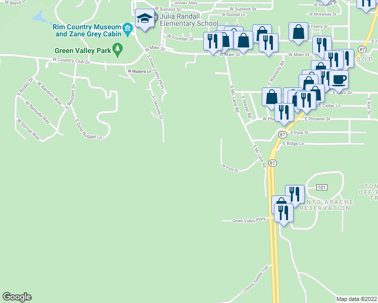 map of restaurants, bars, coffee shops, grocery stores, and more near 1020 South Lakeview Drive in Payson