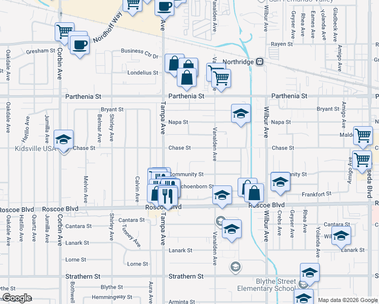 map of restaurants, bars, coffee shops, grocery stores, and more near 19160 Chase Street in Los Angeles