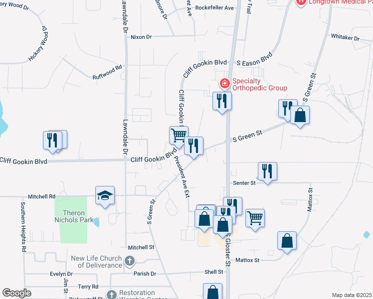 map of restaurants, bars, coffee shops, grocery stores, and more near 1901-1999 South Green Street in Tupelo