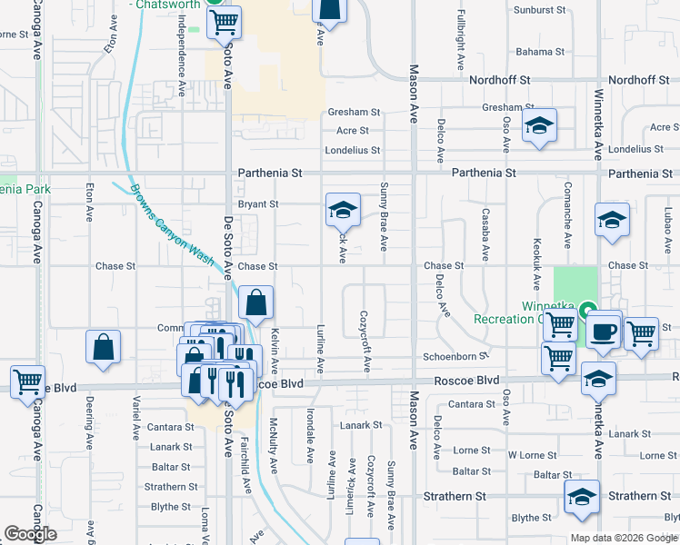 map of restaurants, bars, coffee shops, grocery stores, and more near 20630 Chase Street in Los Angeles