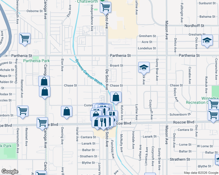 map of restaurants, bars, coffee shops, grocery stores, and more near 20850 Chase Street in Los Angeles