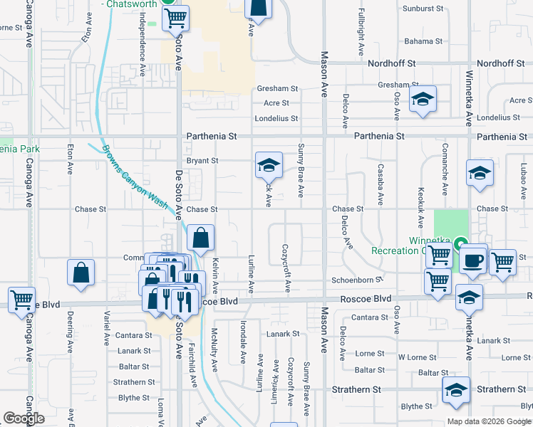 map of restaurants, bars, coffee shops, grocery stores, and more near 20630 Chase Street in Los Angeles