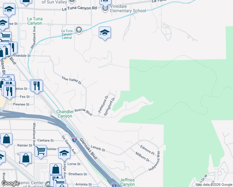 map of restaurants, bars, coffee shops, grocery stores, and more near 8508 Springford Drive in Los Angeles