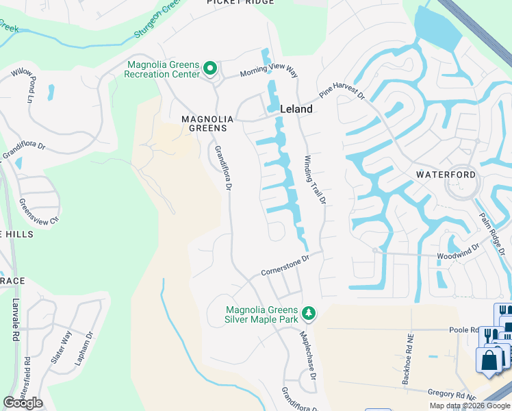 map of restaurants, bars, coffee shops, grocery stores, and more near 1333 Grandiflora Drive in Leland