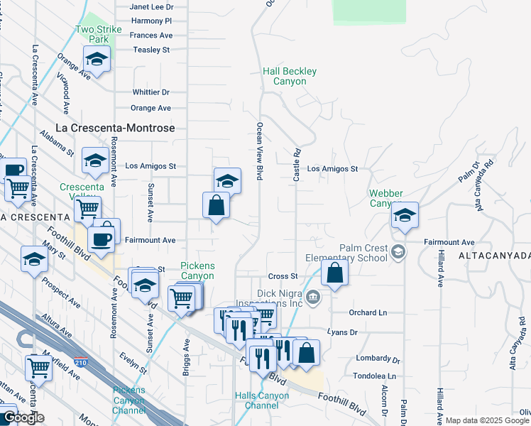 map of restaurants, bars, coffee shops, grocery stores, and more near 4940 Ocean View Boulevard in La Cañada Flintridge