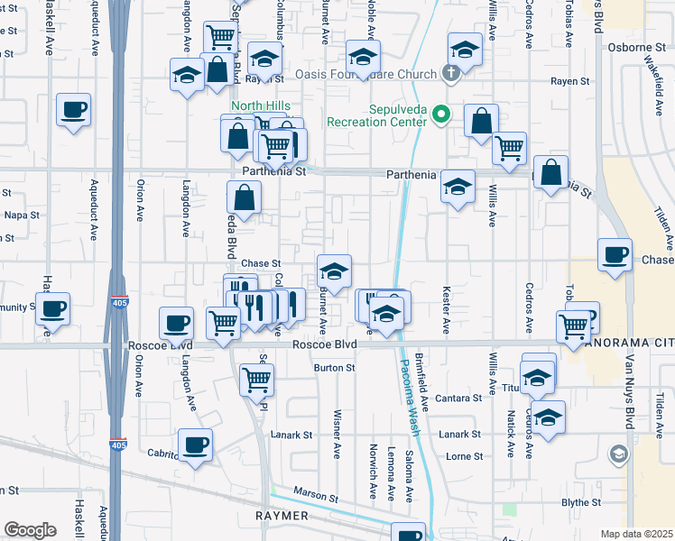 map of restaurants, bars, coffee shops, grocery stores, and more near 15140 Chase Street in Los Angeles