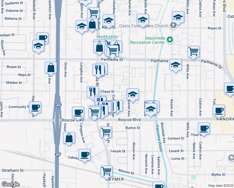 map of restaurants, bars, coffee shops, grocery stores, and more near 8456 Columbus Avenue in Los Angeles