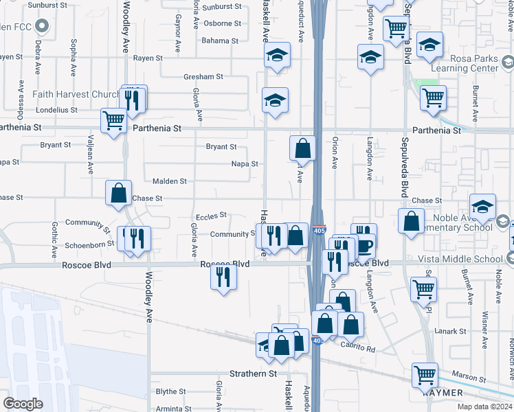 map of restaurants, bars, coffee shops, grocery stores, and more near 15812 Chase Street in Los Angeles